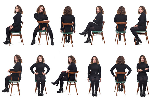 large group of same woman sitting on chair on white background