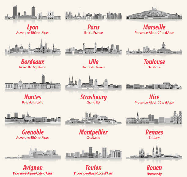 stockillustraties, clipart, cartoons en iconen met franse steden skylines platte stijl geïsoleerde pictogrammen in zwart-wit kleurenpalet. vectorillustratie - toulouse