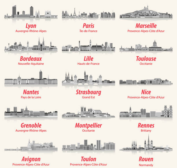 French cities skylines flat style isolated icons in black and white color palette. Vector illustration French cities skylines flat style isolated icons in black and white color palette. Vector illustration nantes stock illustrations