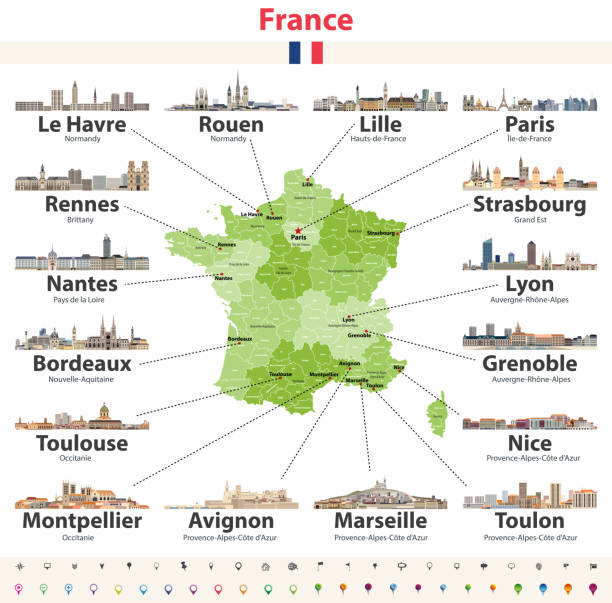 vector map of France with main cities on it. French cities skylines detailed icons vector map of France with main cities on it. French cities skylines detailed icons nantes stock illustrations