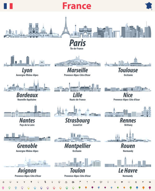 illustrazioni stock, clip art, cartoni animati e icone di tendenza di la francia città skyline icone isolate in tavolozza di colori blu morbido. set di segni di navigazione e posizione. vettore - nantes