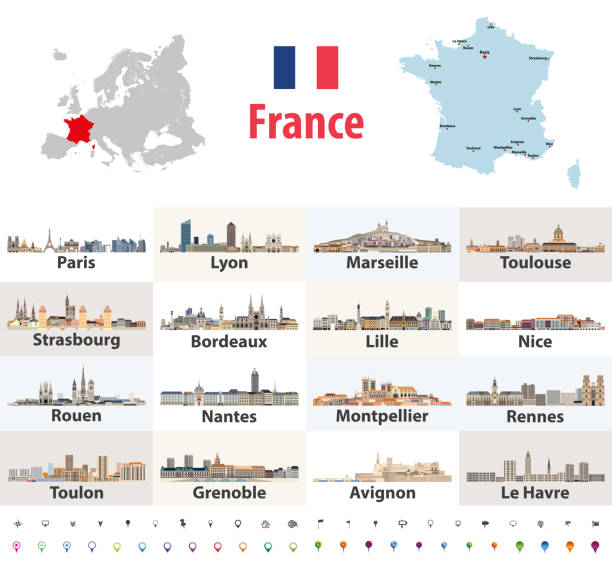 illustrazioni stock, clip art, cartoni animati e icone di tendenza di mappa vettoriale della francia con le principali città su di esso. icone degli skyline delle città francesi - nantes