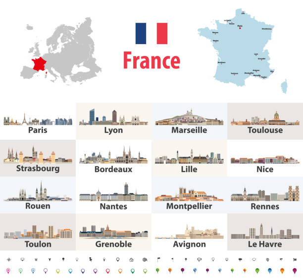 ilustrações, clipart, desenhos animados e ícones de mapa vetorial da frança com as principais cidades sobre ele. �ícones do horizonte das cidades francesas - bordeaux france midi pyrenees aquitaine