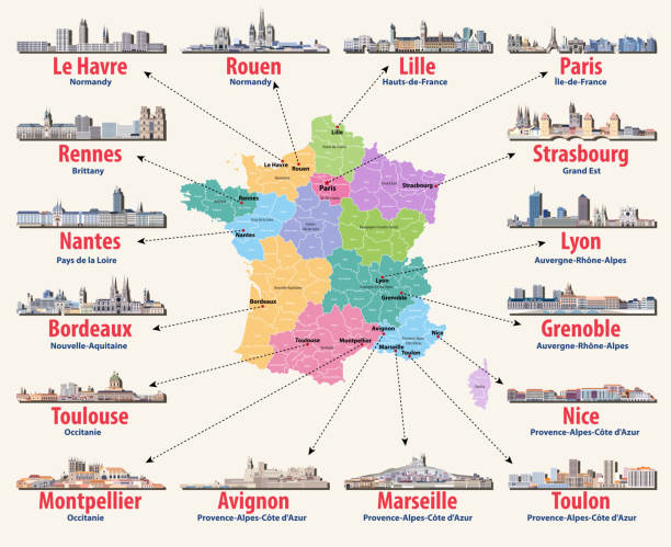 vector map of France with main cities on it. French cities skylines detailed icons vector map of France with main cities on it. French cities skylines detailed icons nantes stock illustrations