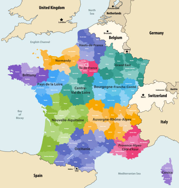 illustrazioni stock, clip art, cartoni animati e icone di tendenza di francia regioni amministrative e dipartimenti mappa vettoriale con paesi e territori vicini - territories