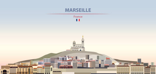 ilustrações de stock, clip art, desenhos animados e ícones de vector illustration of marseille city skyline on colorful gradient beautiful daytime background - notre dame de la garde