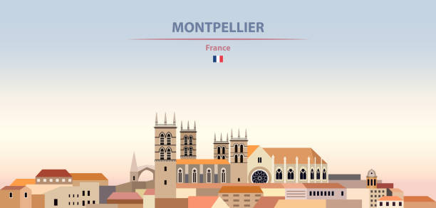 kuvapankkikuvitukset aiheesta vektorikuva montpellierin kaupungin taivaanrannasta värikkäällä kaltevilla kauniilla päivätaustalla - montpellier