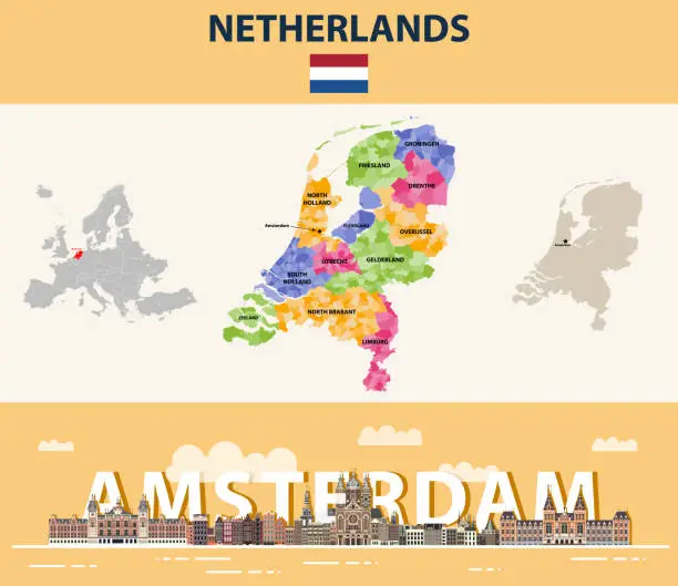 Vector illustration of Netherlands local municipalities map colored by provinces. Amsterdam cityscape colorful poster. Vector illustration