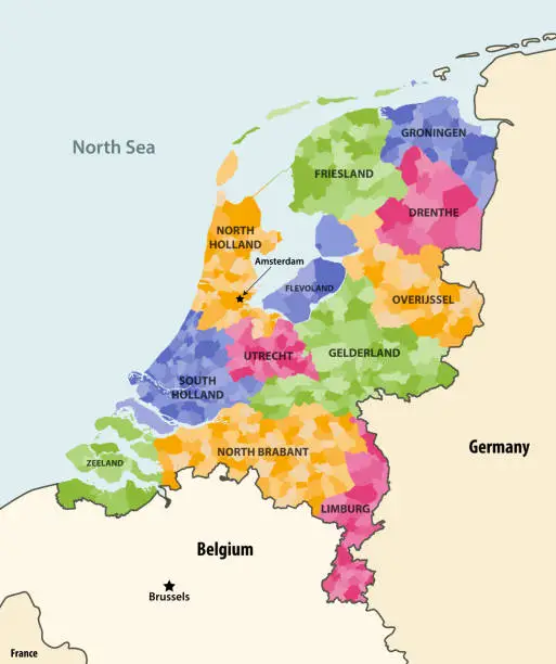 Vector illustration of Netherlands local municipalities colored by provinces map with neighbouring countries and terrotories. Vector