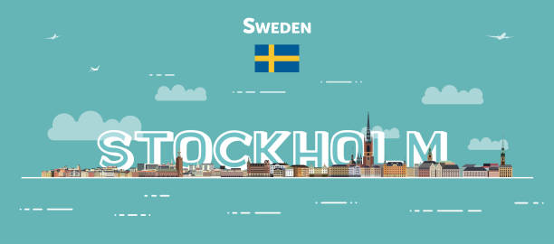 ilustrações, clipart, desenhos animados e ícones de pôster colorido da paisagem da cidade de estocolmo. ilustração detalhada do vetor - stockholm silhouette sweden city