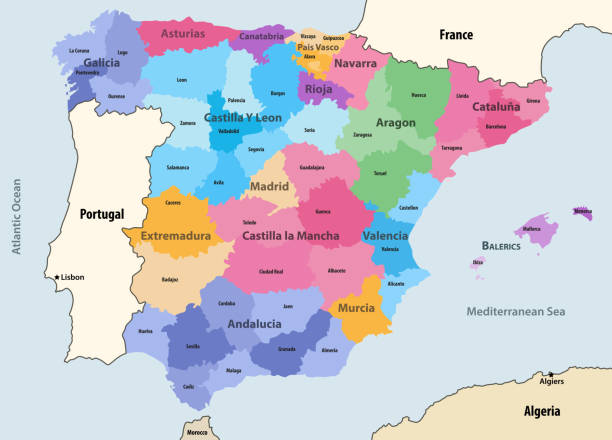 i̇spanya özerk topluluklar ve iller komşu ülkeler ve bölgeler ile vektör haritası - barcelona sevilla stock illustrations