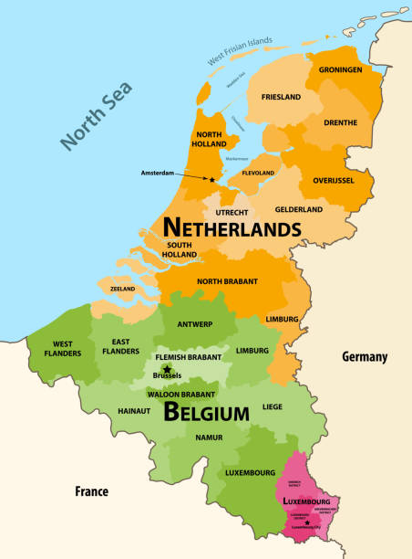 vektorregionen karte der benelux-länder: belgien, niederlande und luxemburg, mit nachbarländern und gebieten - north holland stock-grafiken, -clipart, -cartoons und -symbole