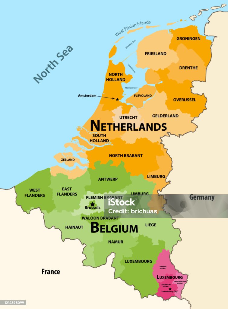Mapa das regiões vetoriais dos países benelux: Bélgica, Holanda e Luxemburgo, com países e territórios vizinhos - Vetor de Países Baixos royalty-free