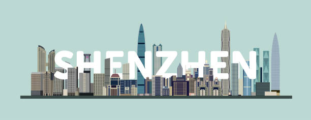 ilustraciones, imágenes clip art, dibujos animados e iconos de stock de cartel colorido del paisaje urbano de shenzhen. ilustración detallada vectorial - shenzhen