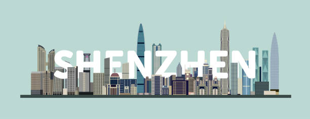 ilustrações, clipart, desenhos animados e ícones de pôster colorido da paisagem da cidade de shenzhen. ilustração detalhada do vetor - shenzhen
