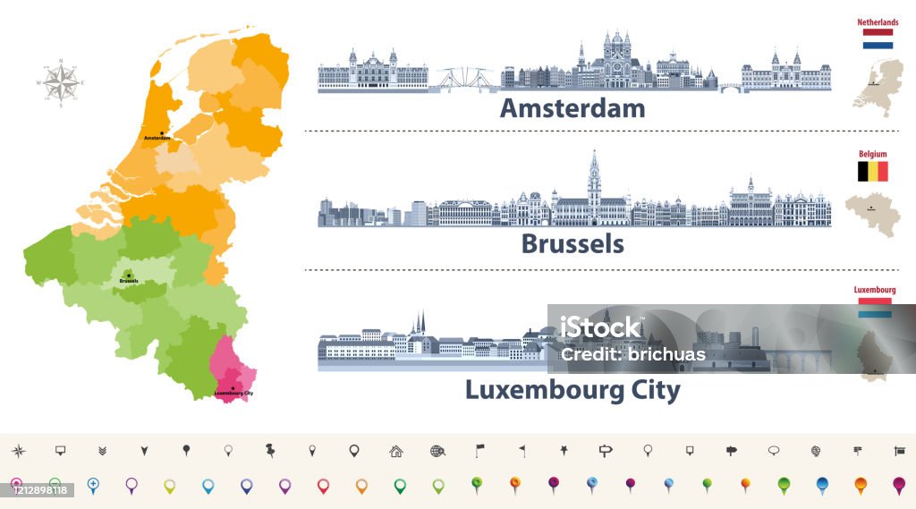 Mapa das regiões vetoriais da Bélgica, Holanda e Luxemburgo. Horizontes de estilo plano de Amsterdã, Bruxelas e Luxemburgo city em paleta de cores azul escuro - Vetor de Cidade de Luxemburgo royalty-free