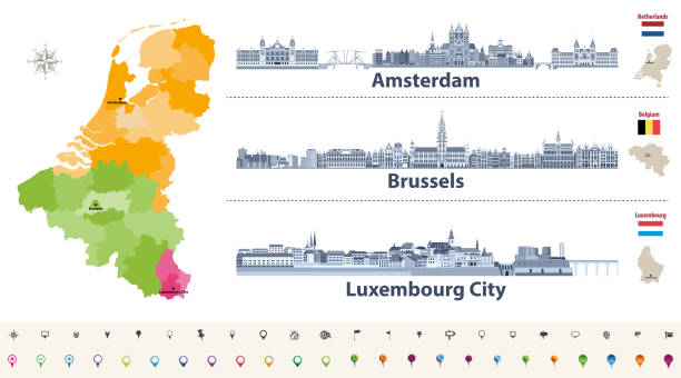 ilustrações, clipart, desenhos animados e ícones de mapa das regiões vetoriais da bélgica, holanda e luxemburgo. horizontes de estilo plano de amsterdã, bruxelas e luxemburgo city em paleta de cores azul escuro - flamengo