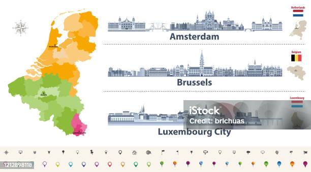 Vetores de Mapa Das Regiões Vetoriais Da Bélgica Holanda E Luxemburgo Horizontes De Estilo Plano De Amsterdã Bruxelas E Luxemburgo City Em Paleta De Cores Azul Escuro e mais imagens de Cidade de Luxemburgo