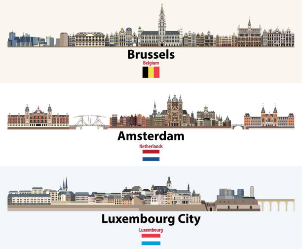 brüksel, amsterdam, lüksemburg şehrinin siluetleri. benelux ülkelerinin bayrakları: belçika, hollanda, lüksemburg. vektör - amsterdam stock illustrations