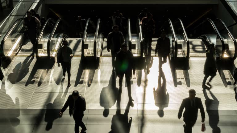 Time lapse of passenger and tourist walking and running on escalator