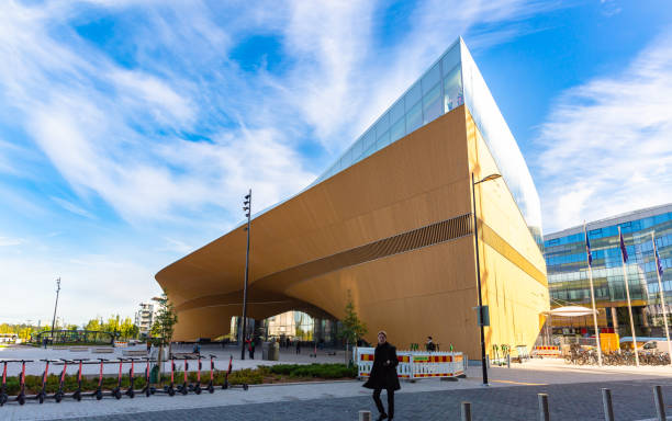Part of the exterior of the Helsinki Central Library Oodi (Helsingin keskustakirjasto Oodi / Helsingfors centrumbibliotek Ode)(ALA Architects, 2018), in the Töölönlahti area of Kluuvi district, Helsinki, Finland.
