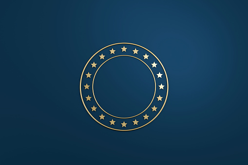Blank star logo or emblem badge in luxury design with golden color on dark blue background. 3D rendering.