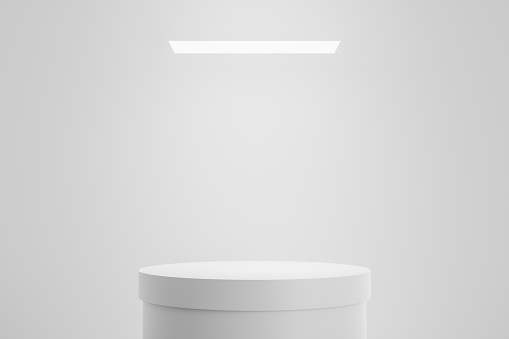 Modern podium or pedestal display with platform concept on white studio background. Blank shelf stand for showing product. 3D rendering.