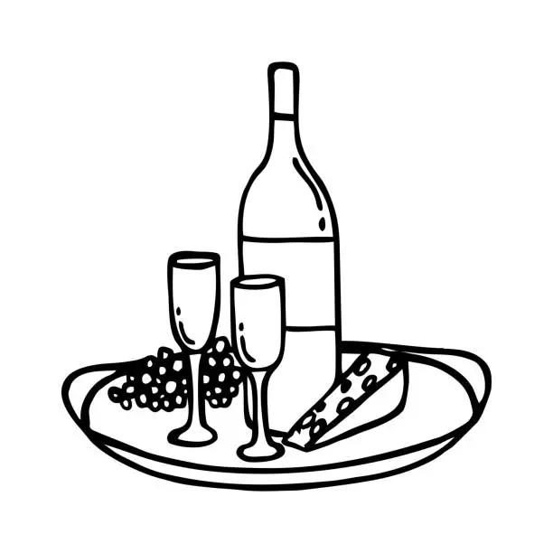 Vector illustration of TRAY WITH WINE AND GLASSES