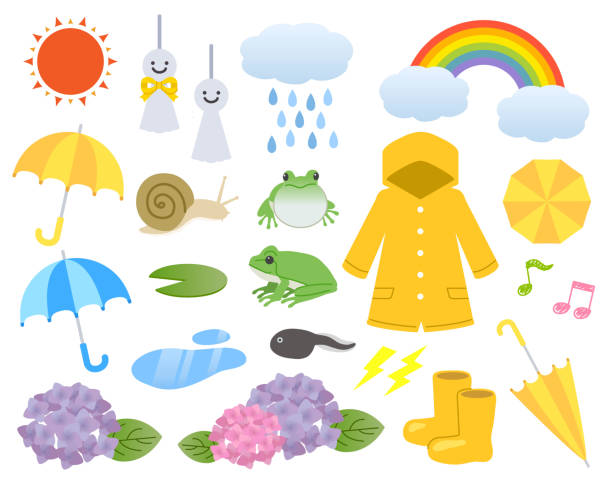 illustrazioni stock, clip art, cartoni animati e icone di tendenza di set di illustrazioni per l'ora della stagione delle piogge - stagione delle piogge