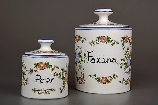 two pepper pot and flour pot in decorated ceramic