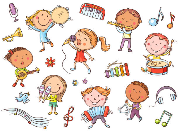 Kids with different musical instruments, playing music and singing Kids with different musical instruments, playing music and singing, colorful vector illustration drawing-of-the-children-singing stock illustrations