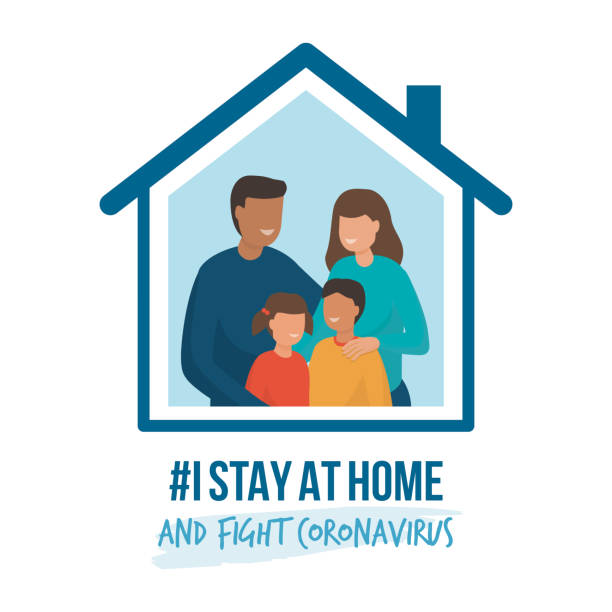 I stay at home awareness campaign and coronavirus prevention I stay at home awareness social media campaign and coronavirus prevention: family smiling and staying together family home stock illustrations