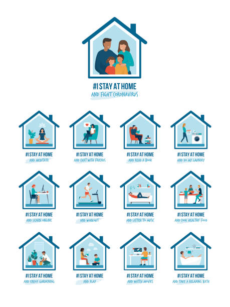 I stay at home awareness campaign and coronavirus prevention I stay at home awareness social media campaign and coronavirus prevention: people and families doing different activities and supporting the cause staycation stock illustrations