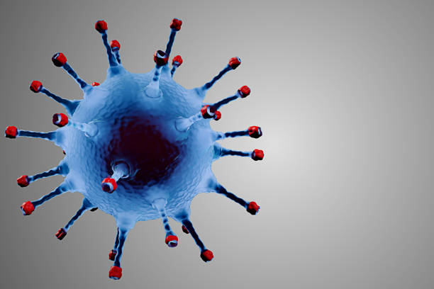 3D rendering, blue coronavirus cells covid-19 influenza flowing on grey gradient background as dangerous flu strain cases as a pandemic medical health risk concept of disease cells risk, with space for text