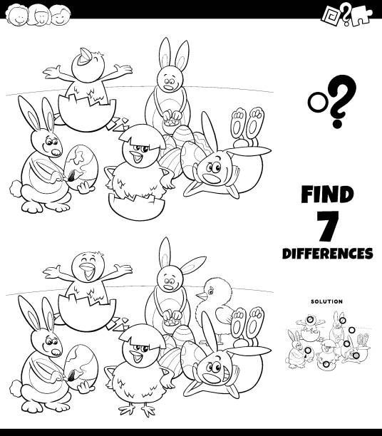 ilustrações, clipart, desenhos animados e ícones de diferenças jogo de coloração com personagens de páscoa cômico - easter egg paint black and white drawing