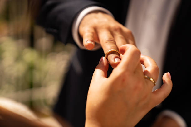 istock groom and bride put on each other rings. wedding. 1212906641