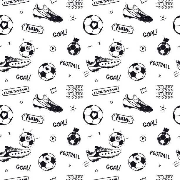 Vector illustration of Seamless pattern with soccer ball, text and soccer sneakers. Sports background for the design of banners, flyers, print for a children's T-shirt.