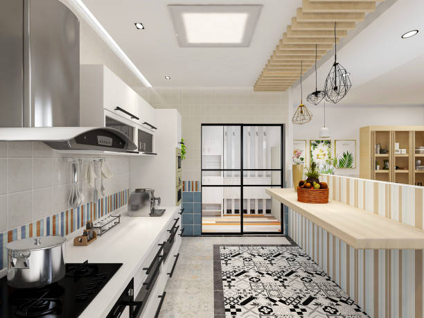 istock Clean and tidy kitchen with bar counter, refrigerator, oven, etc. 1212910271