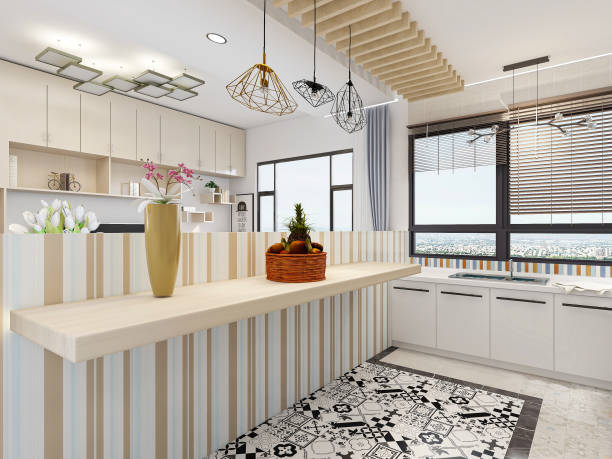 istock Clean and tidy kitchen with bar counter, refrigerator, oven, etc. 1212910275