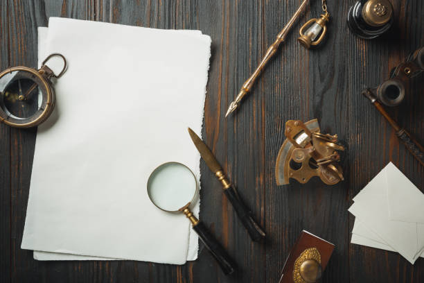 istock Old fashioned flat lay with letters writing accessories on dark wooden background 1212910422