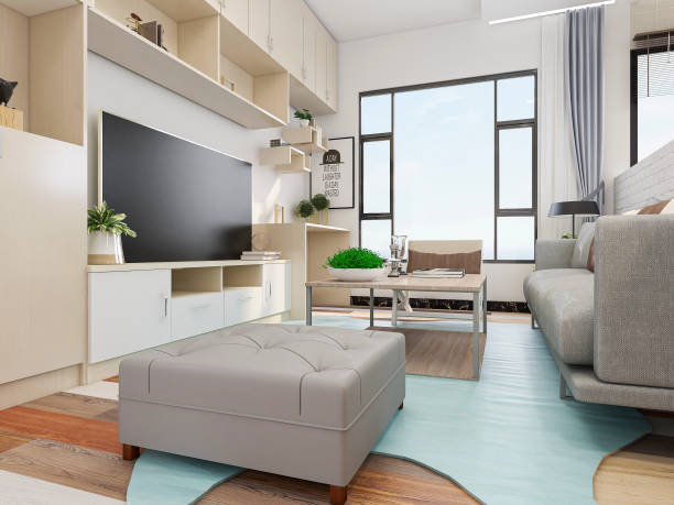 istock Modern design living room with sofa, TV, table, etc., comfortable and clean 1212911365