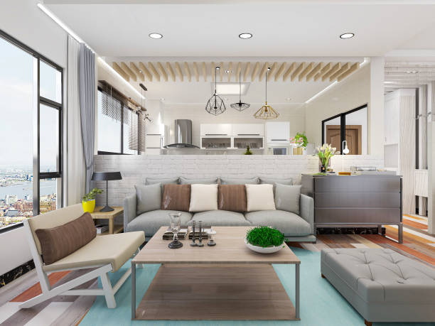 istock Modern design living room with sofa, TV, table, etc., comfortable and clean 1212911373