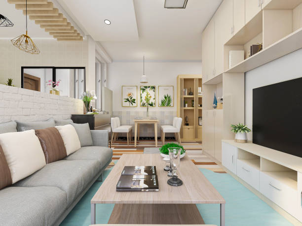 istock Modern design living room with sofa, TV, table, etc., comfortable and clean 1212911377