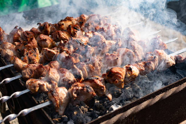 Mouth- watering skewers of pork with a toasted Golden crust and smoke flavor. stock photo