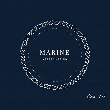 Nautical rope geometric vector frame.Sea and ocean symbol white on navy blue.Template for logo or branding.Sailor wedding, cruise, yacht club, business identity, menu, card design.