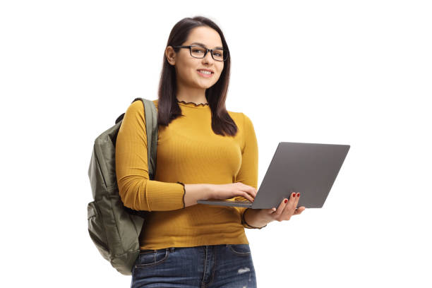 ラップトップコンピュータで笑顔の女子学生 - schoolgirl lifestyles university beautiful ストックフォトと画像