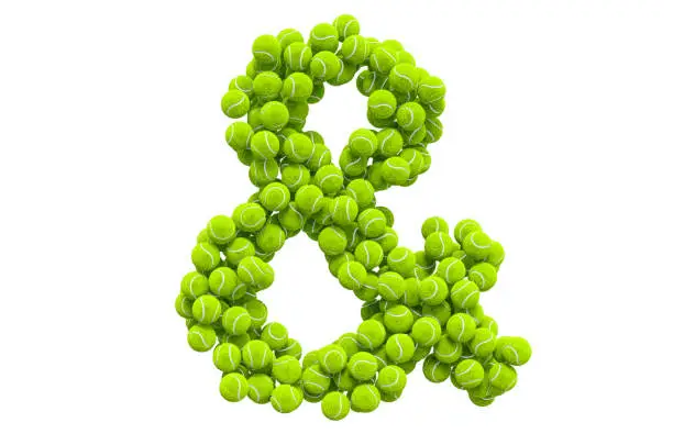 Ampersand symbol from tennis balls, 3D rendering isolated on white background