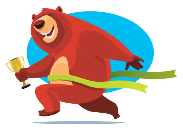 Vector illustration of winner bear holding trophy and crossing finish line