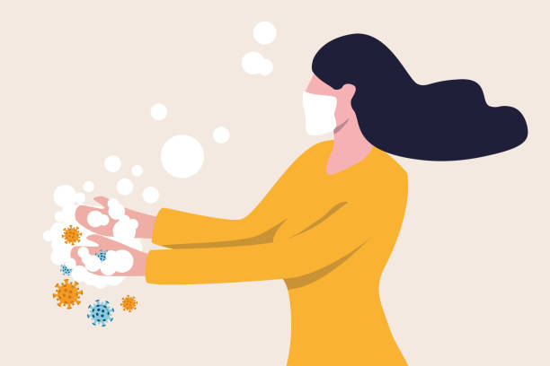 ilustrações de stock, clip art, desenhos animados e ícones de washing hands to sanitize and disinfect covid-19 coronavirus pathogens from your hands concept, woman washing hands with alcohol gel or soap with bubbles and covid-19 virus pathogen on her hands. - washing hands illustrations