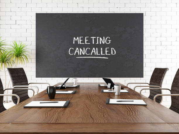 Boardroom with Meeting Cancel Sign Boardroom with Meeting Cancel Sign. 3d Render cancelled stock pictures, royalty-free photos & images